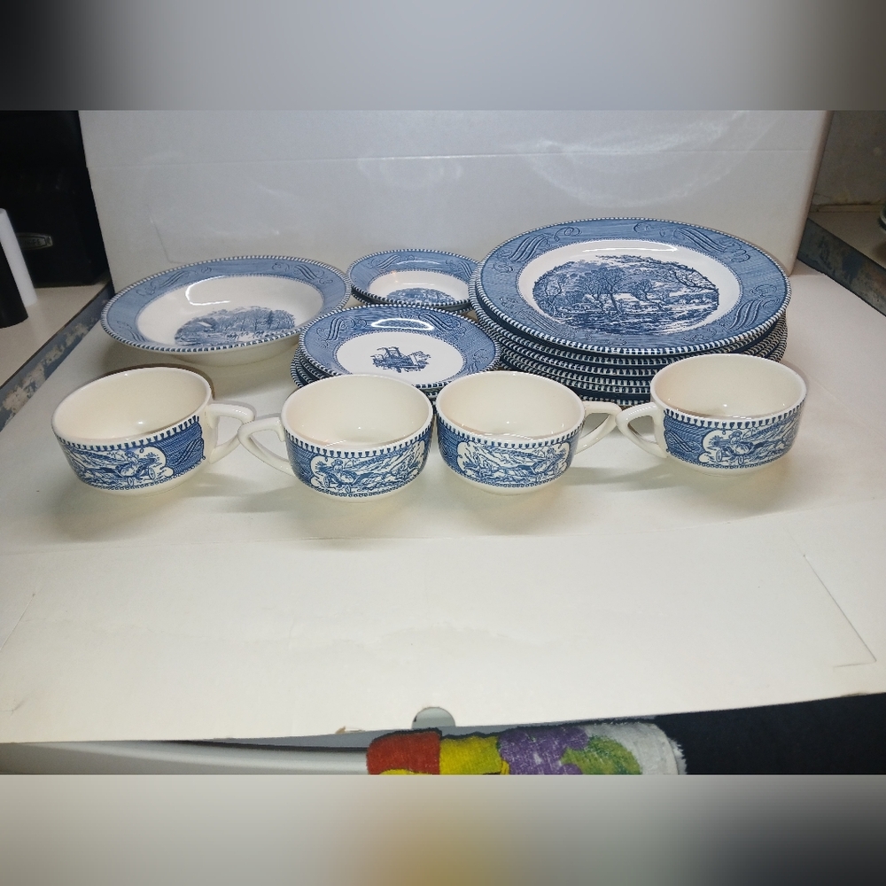 Currier & Ives Early Winter by Royal Vintage Transferware Set /Lot